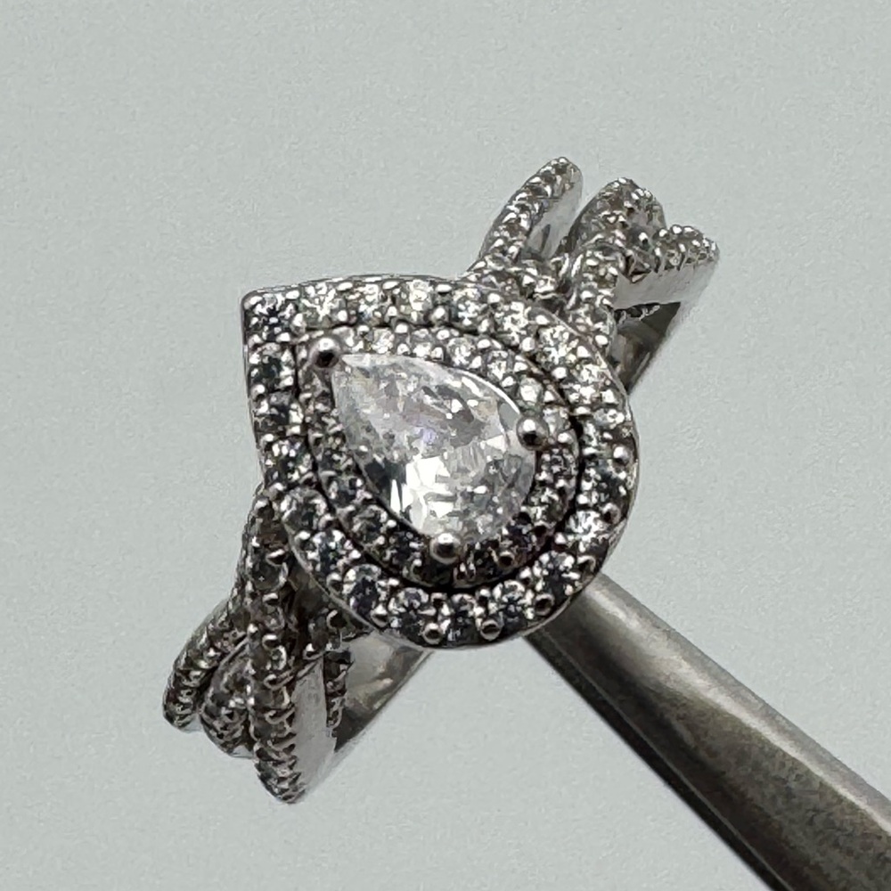 Beautiful Sterling Silver Pear CZ Halo 2-Piece Ring Set Size 6.5